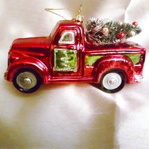 Vintage Red Truck w/ Tree Glass Christmas Ornament